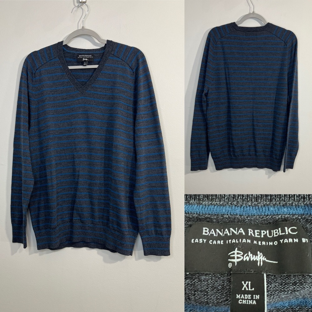 Banana Republic Baruffa Italian Merino‎ Sweater XL Blue Gray Stripe Easy Care